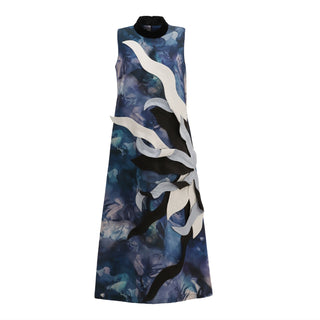 High Neck Sleeveless Dress Abstract Print Blue