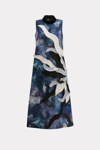 High Neck Sleeveless Dress Abstract Print Blue