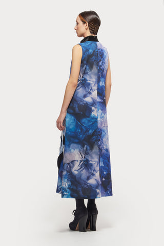 High Neck Sleeveless Dress Abstract Print Blue