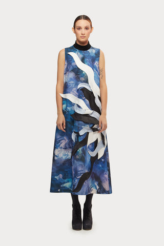 High Neck Sleeveless Dress Abstract Print Blue