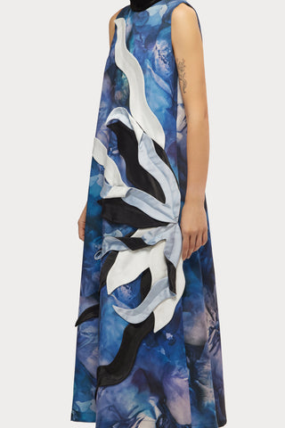 High Neck Sleeveless Dress Abstract Print Blue