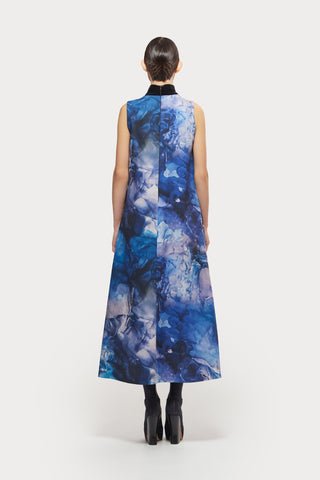 High Neck Sleeveless Dress Abstract Print Blue