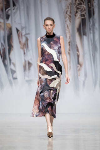 High Neck Sleeveless Dress Abstract Print Brown - Julia Allert