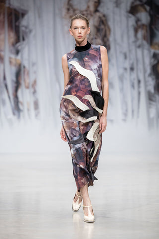 High Neck Sleeveless Dress Abstract Print Brown - Julia Allert