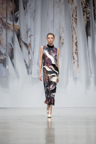 High Neck Sleeveless Dress Abstract Print Brown - Julia Allert