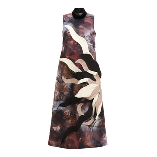 High Neck Sleeveless Dress Abstract Print Brown