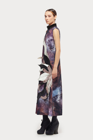 High Neck Sleeveless Dress Abstract Print Brown