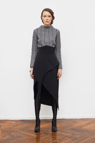 Unique Asymmetric Draped Skirt With Fringe Black