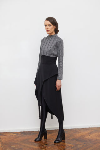 Unique Asymmetric Draped Skirt With Fringe Black