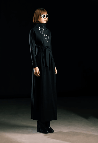 High Waist A-Line Black Long Skirt With Belt - Julia Allert