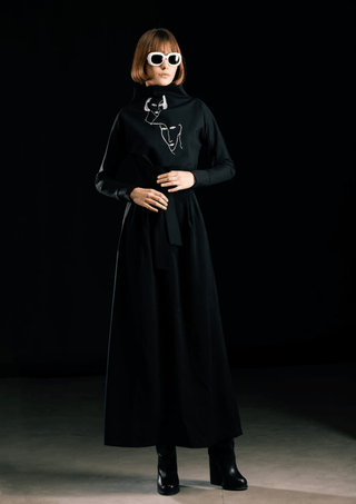 High Waist A-Line Black Long Skirt With Belt - Julia Allert