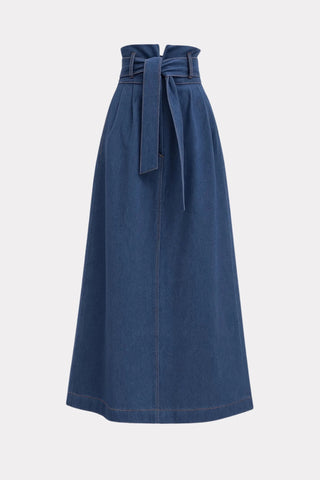 High Waist A-Line Long Skirt With Belt - Denim Blue - Julia Allert