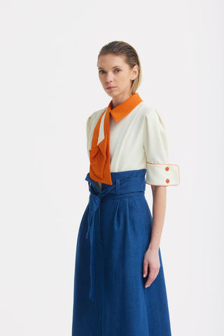 High Waist A-Line Long Skirt With Belt - Denim Blue - Julia Allert