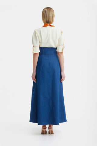 High Waist A-Line Long Skirt With Belt - Denim Blue - Julia Allert