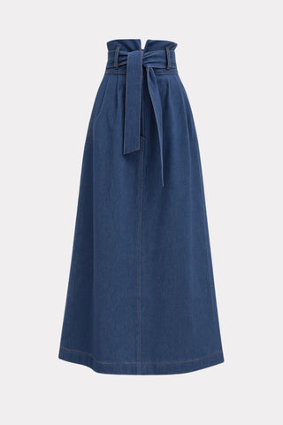 High Waist A-Line Long Skirt With Belt - Denim Blue