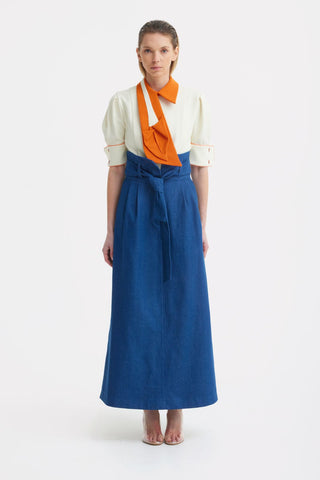 High Waist A-Line Long Skirt With Belt - Denim Blue