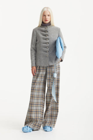 High Waist Long Wide Leg Trousers - Beige Black Plaid - Julia Allert