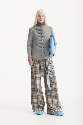 High Waist Long Wide Leg Trousers - Beige Black Plaid - Julia Allert