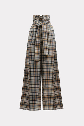 High Waist Long Wide Leg Trousers - Beige Black Plaid - Julia Allert