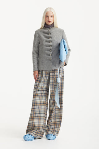 High Waist Long Wide Leg Trousers - Beige Black Plaid