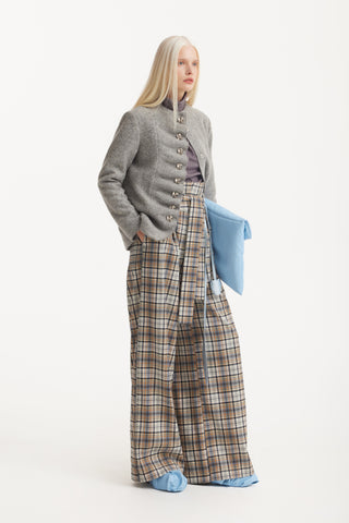 High Waist Long Wide Leg Trousers - Beige Black Plaid
