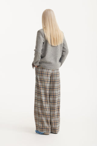High Waist Long Wide Leg Trousers - Beige Black Plaid