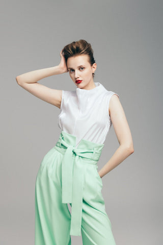 High Waist Long Wide Leg Trousers Mint Green - Julia Allert