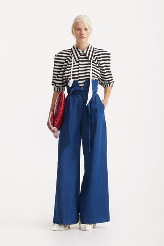 High Waist Long Wide Leg Trousers Navy Blue - Julia Allert