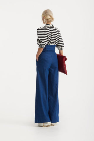 High Waist Long Wide Leg Trousers Navy Blue - Julia Allert