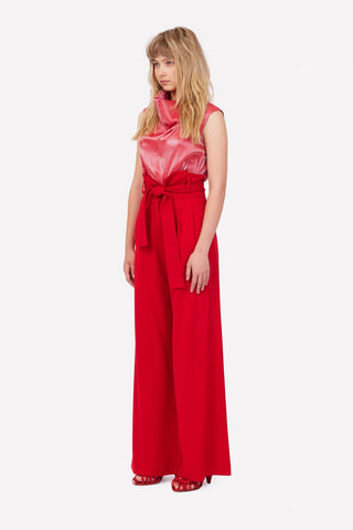 High Waist Long Wide Leg Trousers Red - Julia Allert