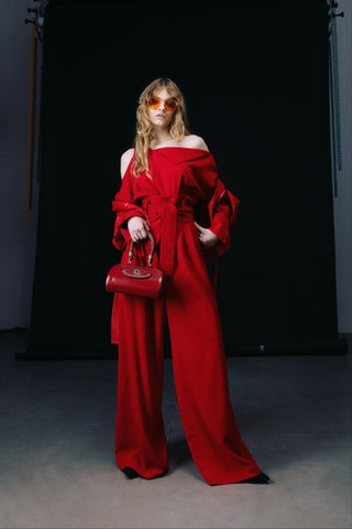 High Waist Long Wide Leg Trousers Red - Julia Allert