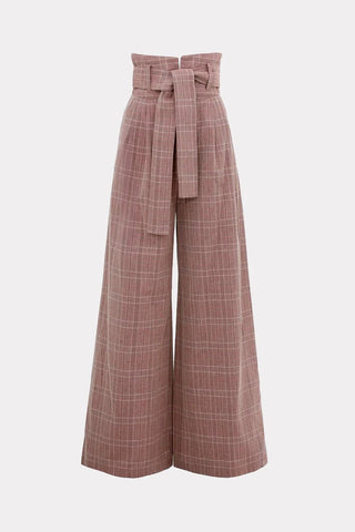 High Waist Long Wide Leg Trousers Warm Taupe With White Grid - Julia Allert