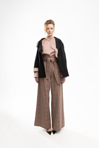 High Waist Long Wide Leg Trousers Warm Taupe With White Grid - Julia Allert