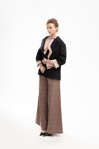 High Waist Long Wide Leg Trousers Warm Taupe With White Grid - Julia Allert