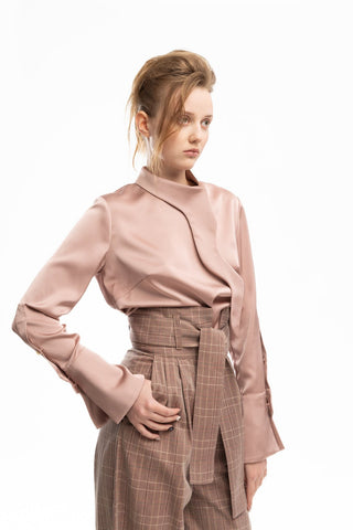 High Waist Long Wide Leg Trousers Warm Taupe With White Grid - Julia Allert