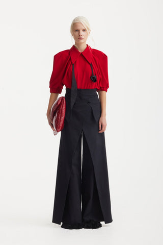High-Waisted Cotton Wrap Trousers, Skirt Effect - Black - Julia Allert
