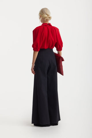 High-Waisted Cotton Wrap Trousers, Skirt Effect - Black - Julia Allert