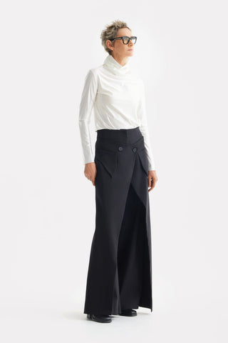 High-Waisted Cotton Wrap Trousers, Skirt Effect - Black - Julia Allert