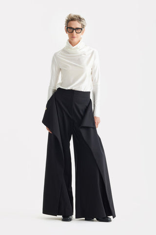 High-Waisted Cotton Wrap Trousers, Skirt Effect - Black - Julia Allert
