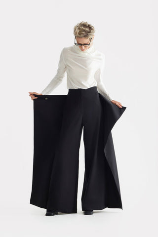 High-Waisted Cotton Wrap Trousers, Skirt Effect - Black - Julia Allert