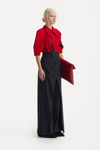 High-Waisted Cotton Wrap Trousers, Skirt Effect - Black - Julia Allert
