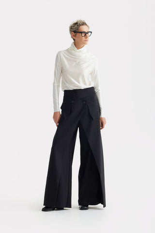 High-Waisted Cotton Wrap Trousers, Skirt Effect - Black - Julia Allert