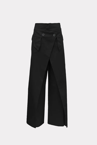 High-Waisted Cotton Wrap Trousers, Skirt Effect - Black