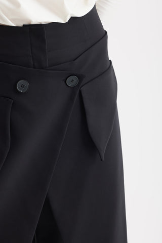 High-Waisted Cotton Wrap Trousers, Skirt Effect - Black