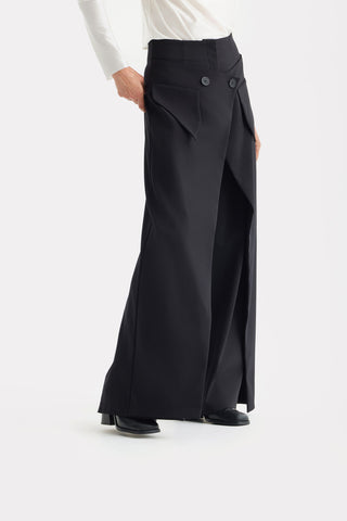 High-Waisted Cotton Wrap Trousers, Skirt Effect - Black