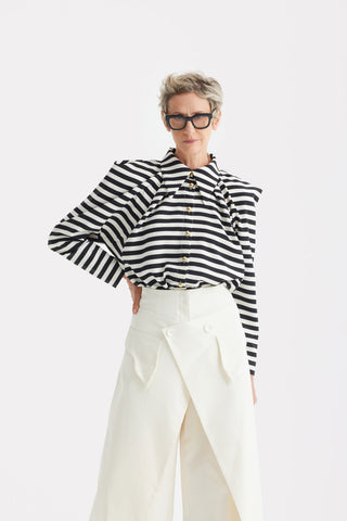 High-Waisted Cotton Wrap Trousers , Skirt Effect - Ivory - Julia Allert