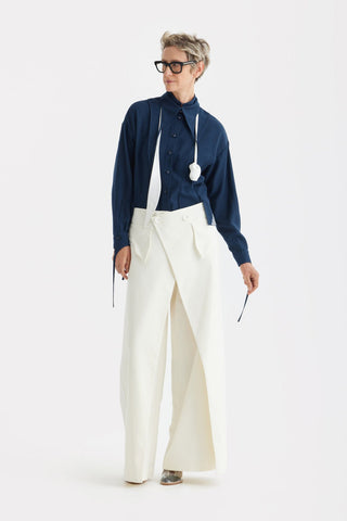 High-Waisted Cotton Wrap Trousers , Skirt Effect - Ivory - Julia Allert