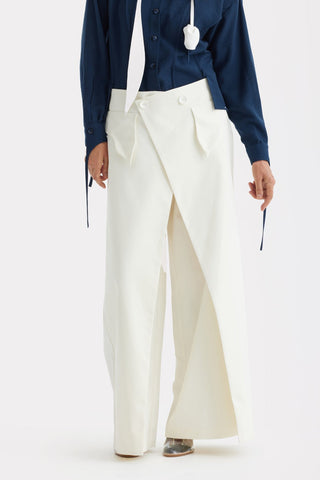 High-Waisted Cotton Wrap Trousers , Skirt Effect - Ivory - Julia Allert