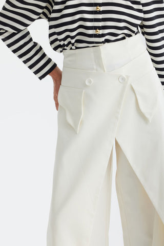 High-Waisted Cotton Wrap Trousers , Skirt Effect - Ivory - Julia Allert