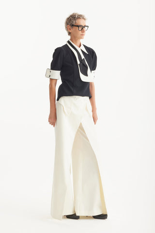 High-Waisted Cotton Wrap Trousers , Skirt Effect - Ivory - Julia Allert